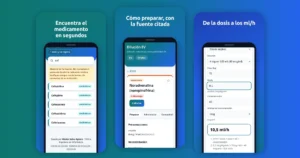 Tres capturas de la app Dilución EV: búsqueda de medicamentos, ficha de noradrenalina y calculadora de ml/h