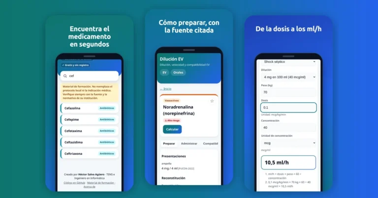 Tres capturas de la app Dilución EV: búsqueda de medicamentos, ficha de noradrenalina y calculadora de ml/h